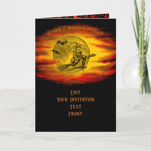 Invitación Bruja voladora con gato negro, noche de halloween (Anverso)
