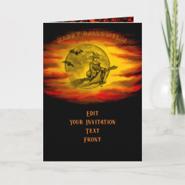 Invitación Bruja voladora con gato negro, noche de halloween