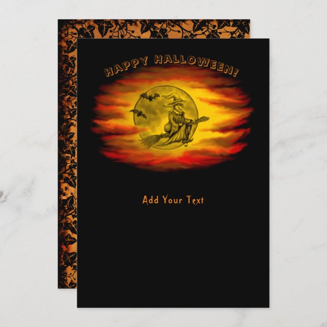 Invitación Bruja voladora con gato negro, noche de halloween (Anverso / Reverso)