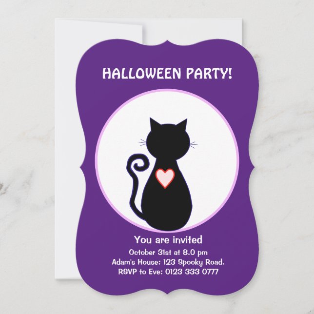 Invitación Bruja voladora de Halloween y gato negro (Anverso)