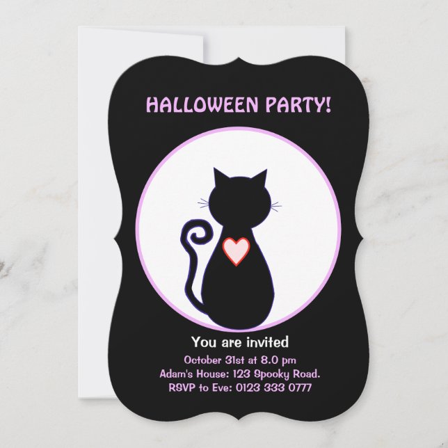 Invitación Bruja voladora de Halloween y gato negro (Anverso)