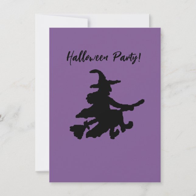 Invitación Bruja voladora en morado (Anverso)