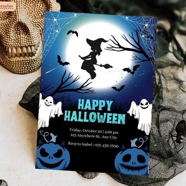Invitación Bruja voladora espeluznante y fantasmas de luna ll (Spooky Flying Witch & Ghosts Full Moon Halloween Invitation
)