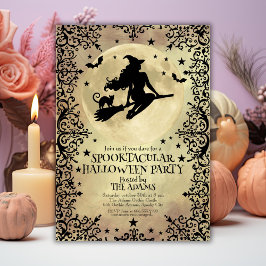 Invitación Bruja volando por las estrellas fiesta de Hallowee