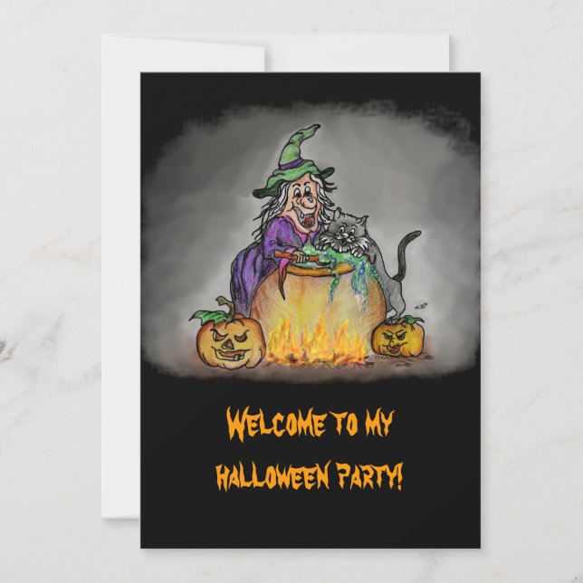 Invitación Bruja y gato, ¡Feliz Halloween! (Anverso)