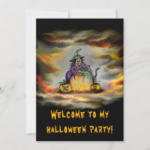 Invitación Bruja y gato negro, ¡Feliz Halloween!