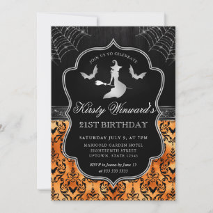 Invitación Bruja y Murciélago de Halloween en Damasco Cumplea
