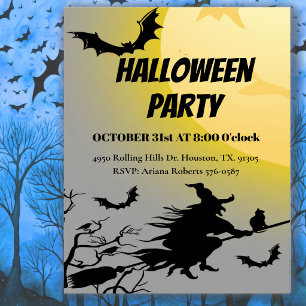 Invitación Bruja y murciélagos en vuelo Fiesta de Halloween p