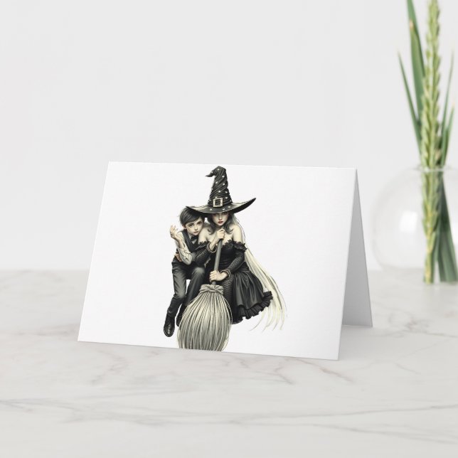 Invitación Bruja y niño de Halloween: Dúo mágico oscuro (Anverso)