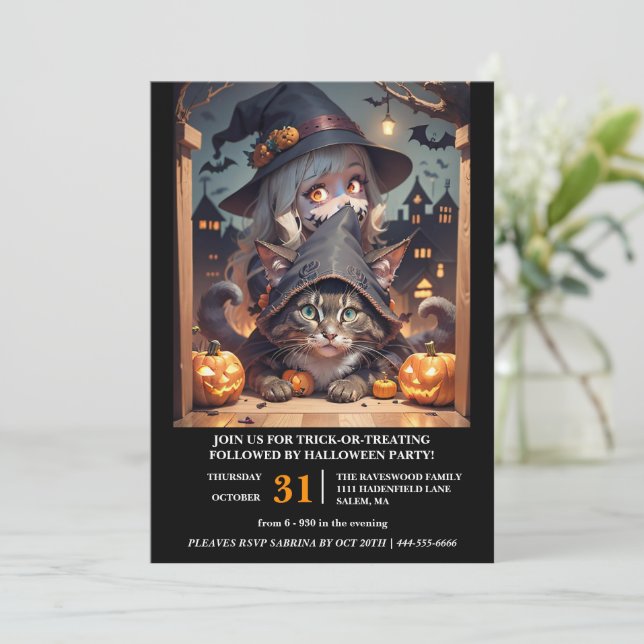 Invitación Bruja y su fiesta de Halloween de gatos (Anverso de pie)
