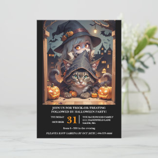 Invitación Bruja y su fiesta de Halloween de gatos