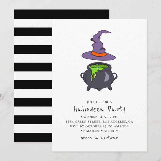 Invitación Bruja y veneno. Fiesta de Halloween en blanco y ne (Anverso / Reverso)