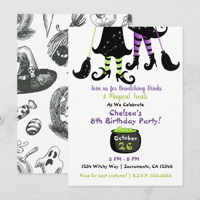 Invitación Brujas Caprichosas Brujas Modernas Cumpleaños de H (Anverso / Reverso)