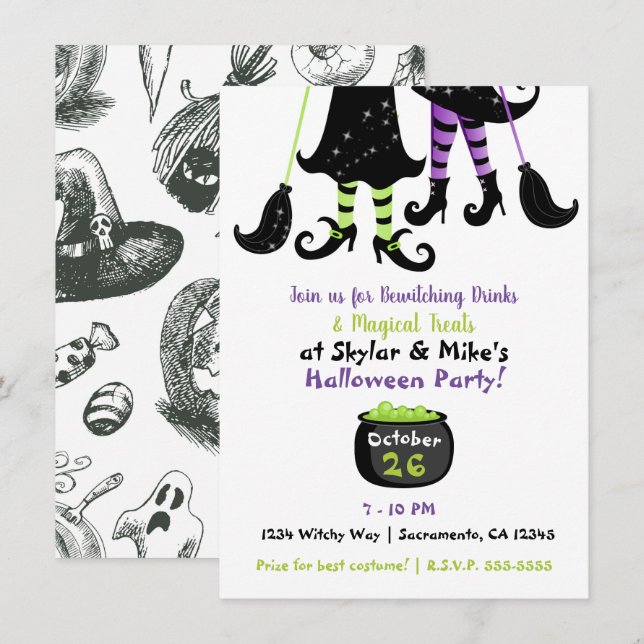 Invitación Brujas Caprichosas Fiesta de Brujas Modernas de Ha (Anverso / Reverso)