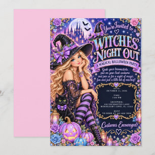 Invitación Brujas de Glam Noche de Purpura Magica de Hallowee
