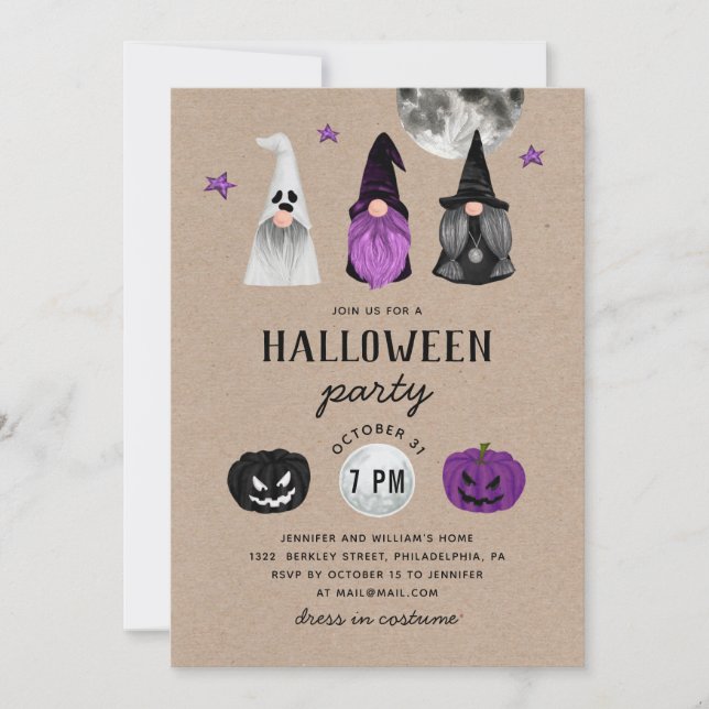 Invitación Brujas de Gnome, Fantasma. Partido de Halloween Kr (Anverso)
