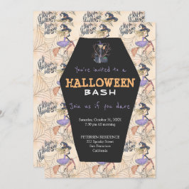 Invitación Brujas de Halloween modernas con fiesta de escobas
