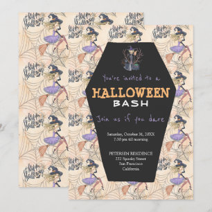 Invitación Brujas de Halloween modernas con fiesta de escobas