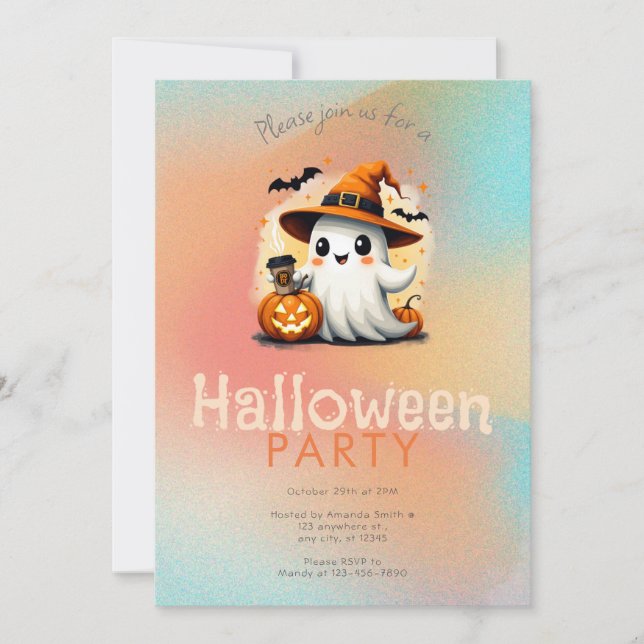 Invitación Brujas Gorro Fantasma Lindo Café Fiesta Halloween (Anverso)