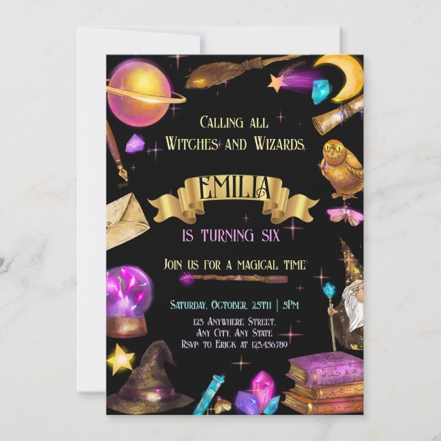 Invitación Brujas y asistentes Cumpleaños Magical (Anverso)