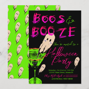 Invitación Brujas y Bebidas Halloween Fantasma Neón Negro