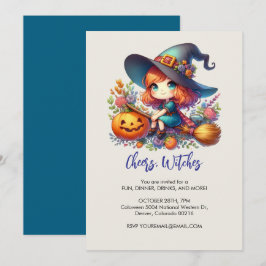 Invitación brujita linda vestida de azul, Halloween