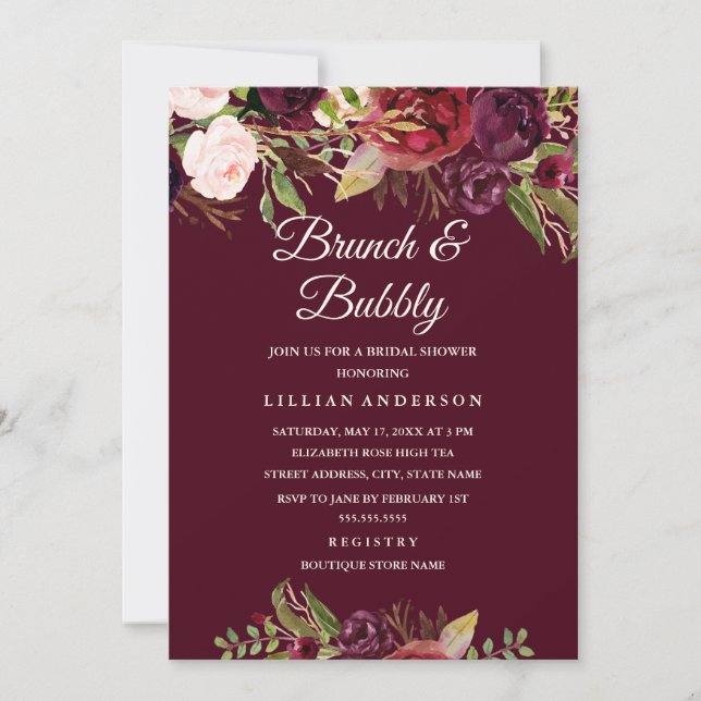 Invitación Brújula borgoñona floral y ducha de novia burbujea (Anverso)