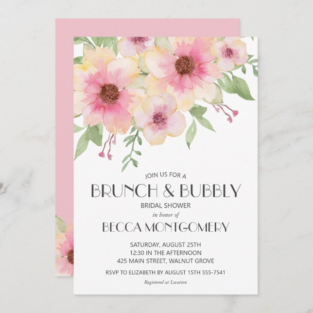 Invitación Brújula de ducha de novia y floral de burbujas (Anverso / Reverso)