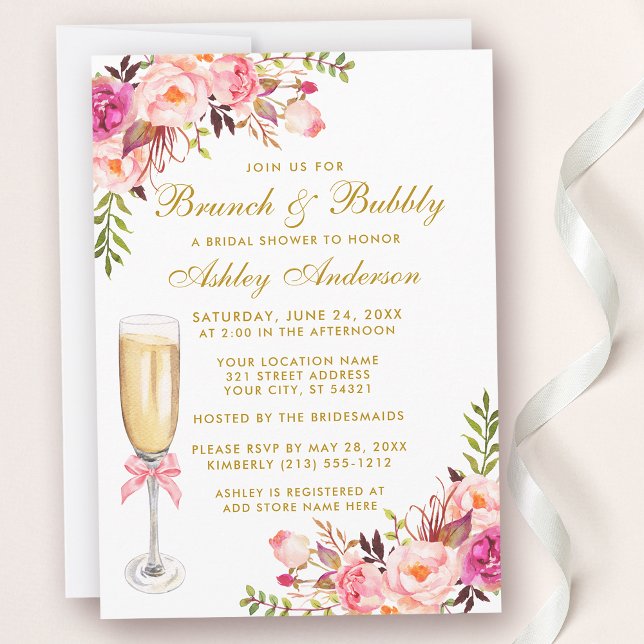 Invitación Brújula de novia floral rosa Brunch Bubbly Gold (Customize to change text color, style or text size.)