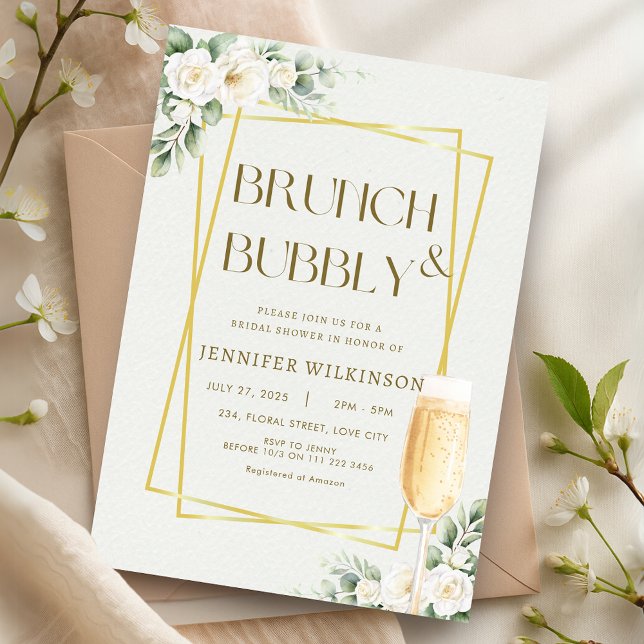 Invitación Brújula dorada floral y ducha de novia con burbuja (Gold Floral Brunch Bubbly Bridal Shower Invitation)