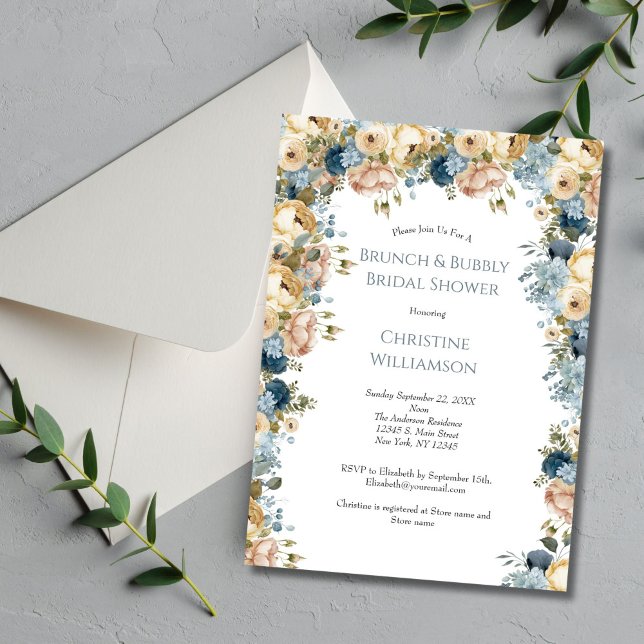 Invitación Brújula floral rosa azul crema azul burbuja ducha  (Pink Blue and Cream Watercolor Florals Bridal Shower Brunch Bubbly Invitation)