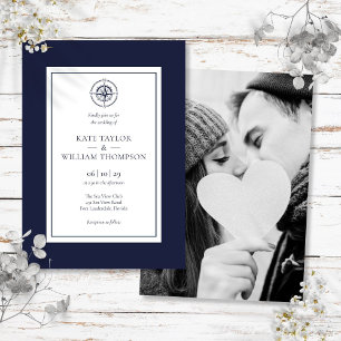 Invitación Brújula Náutica Boda Foto Azul Marino Y Blanco