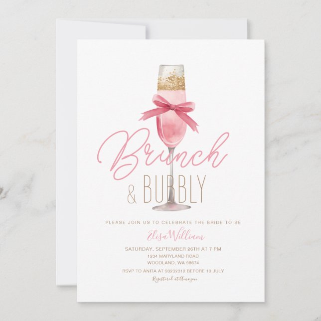 Invitación Brújula rosa de champán y ducha de novia con burbu (Anverso)