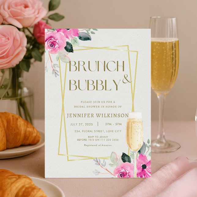 Invitación Brújula rosa y dorada y ducha de novia con burbuja (Pink and Gold Brunch Bubbly Bridal Shower Invitation)