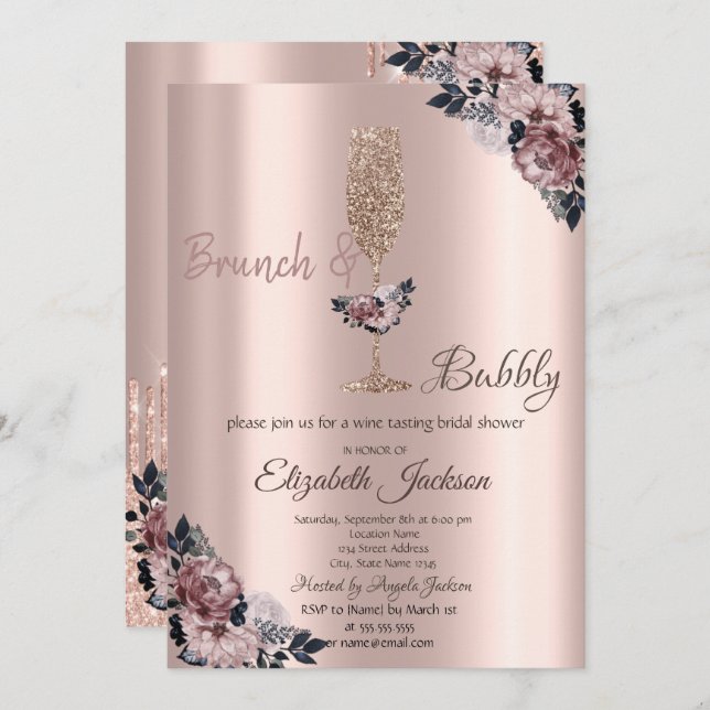 Invitación Brújula y bubbly Floral Bridal Shower (Anverso / Reverso)
