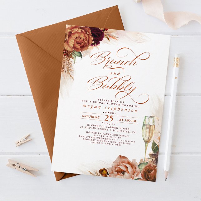 Invitación Brújula y burbuja ducha de novia Grasa de pampas d (Brunch and Bubbly Bridal Shower Invitations for Fall Celebration)
