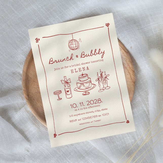 Invitación Brújula y mano hinchada con ducha de novia roja (Brunch & Bubbly Bridal Shower Invitation Hand Drawn Red Hand Illustrated Champagne Let's Toast)