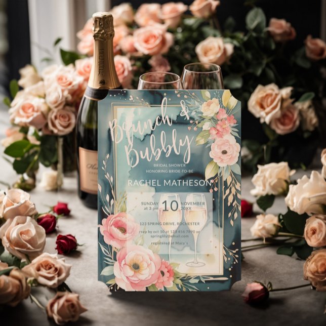 Invitación Brunch acuático y ducha de novia burbujeante (Brunch and bubby bridal shower invitation featuring watercolor floral and champagne glasses.)