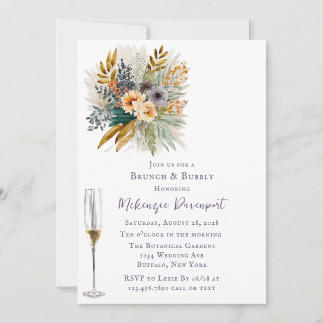 Invitación Brunch Airy Bubbly Purple y Gold Peony (Anverso)