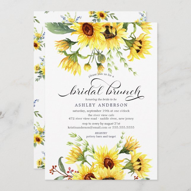Invitación Brunch Alegre de ducha de novia amarillo girasol (Anverso / Reverso)
