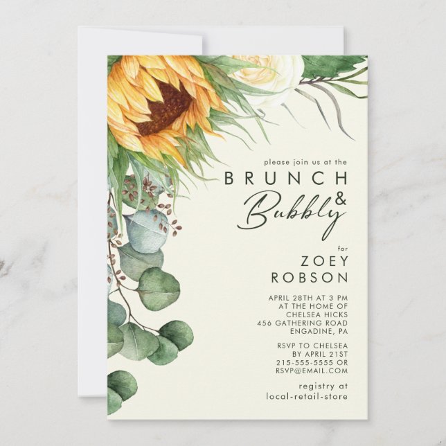Invitación Brunch amarillo claro de girasol campestre y burbu (Anverso)