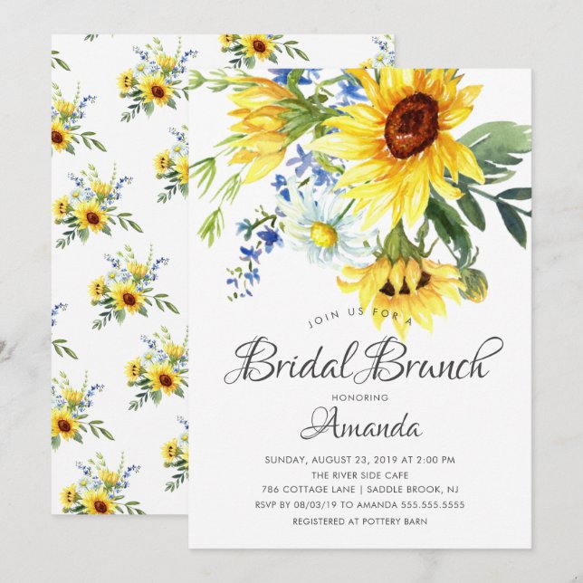 Invitación Brunch Amarillo Sunflower Bridal Shower (Anverso / Reverso)