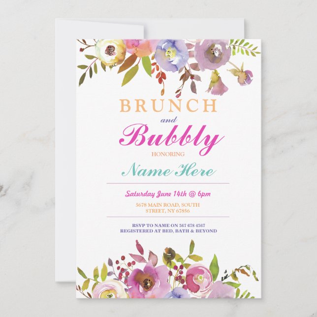 Invitación Brunch And Bubble Bridal Shower Floral Invite (Anverso)
