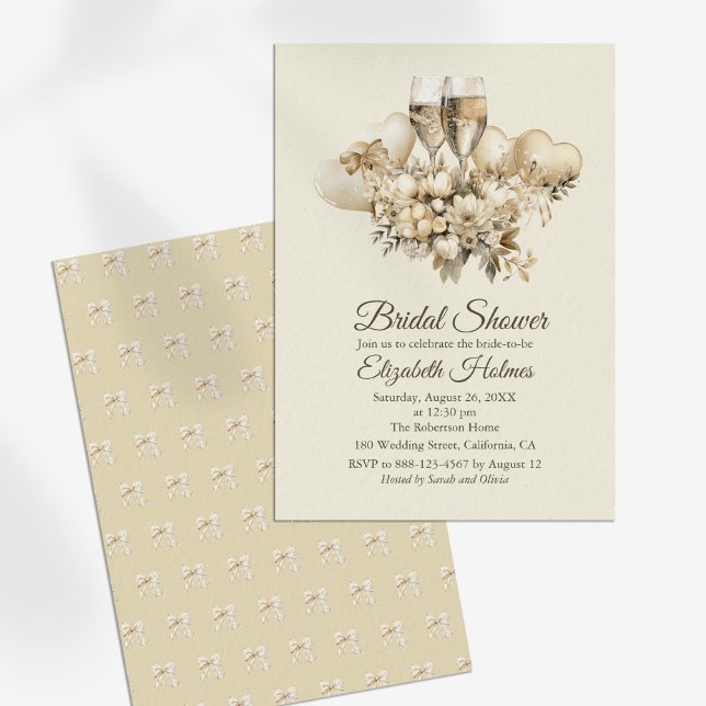 Invitación Brunch and Bubbly Champagne Flores Bridal Shower (Brunch and Bubbly Champagne Flowers Bridal Shower Invitation on a sunny white table.)