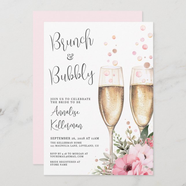 Invitación Brunch And Bubbly Floral Bridal Shower (Anverso / Reverso)