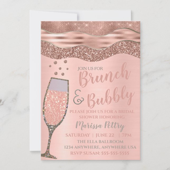 Invitación Brunch and bubbly Shower Rubor Rosa de oro (Anverso)