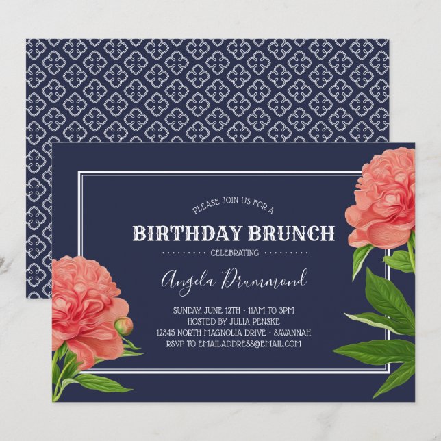 Invitación Brunch azul de cumpleaños de las flores de Peony (Anverso / Reverso)