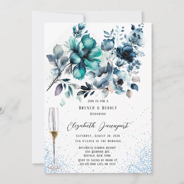 Invitación Brunch azul y Verde azulado Purpurina peony y burb (Anverso)
