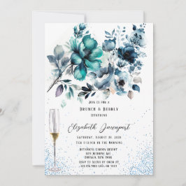Invitación Brunch azul y Verde azulado Purpurina peony y burb