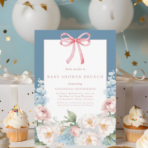 Invitación Brunch Baby Shower Bow floral azul suave rosa